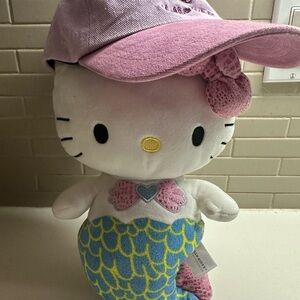 Hello Kitty White Plush Mermaid with Pink Hat and Blue-Yellow Tail